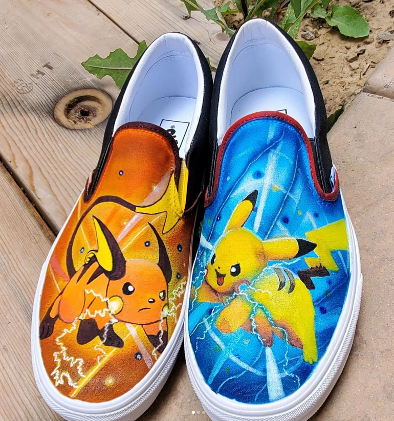 Custom made shoes featuring Raichu and Pikachu